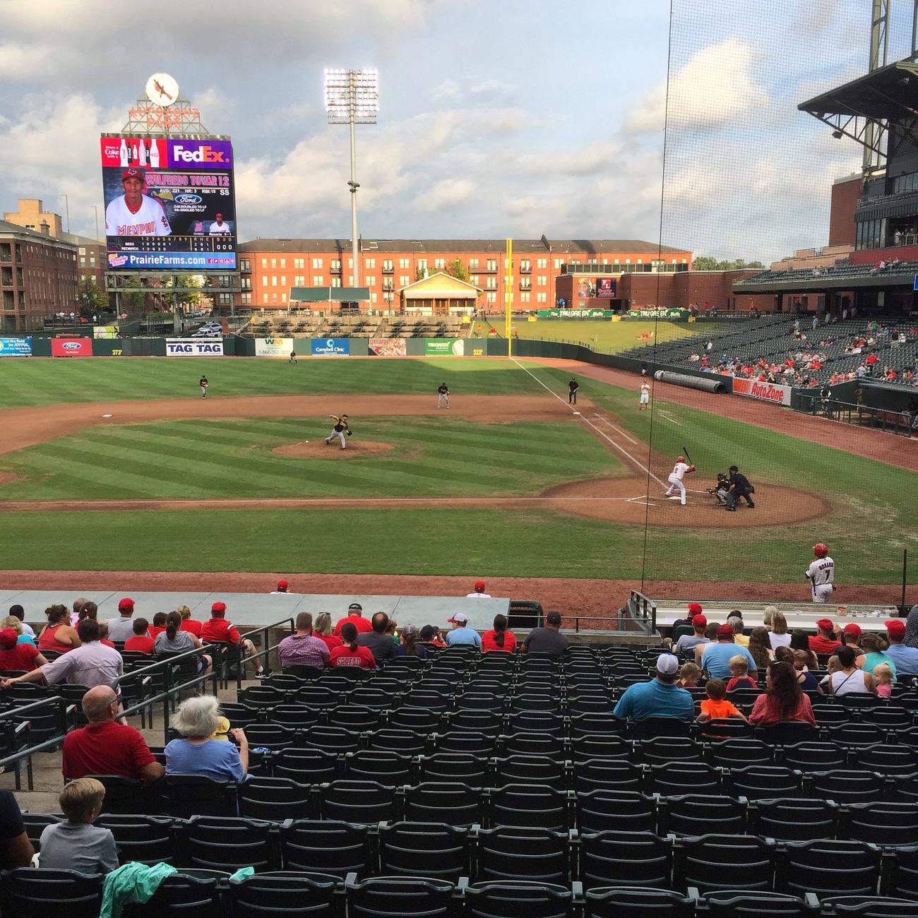 AutoZone Park in downtown Memphis, evening light on the field