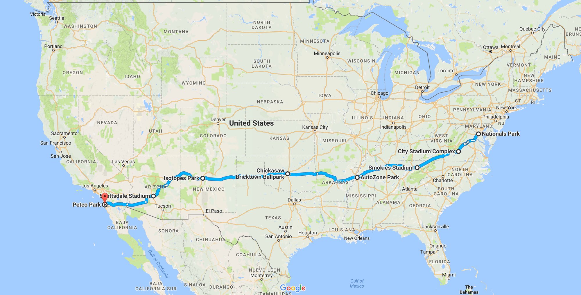 Map of the United States showing the driving route from Nationals Park in Washington DC to Petco Park in San Diego, with stops in Lynchburg, Kodak, Memphis, Oklahoma City, Albuquerque, and Scottsdale