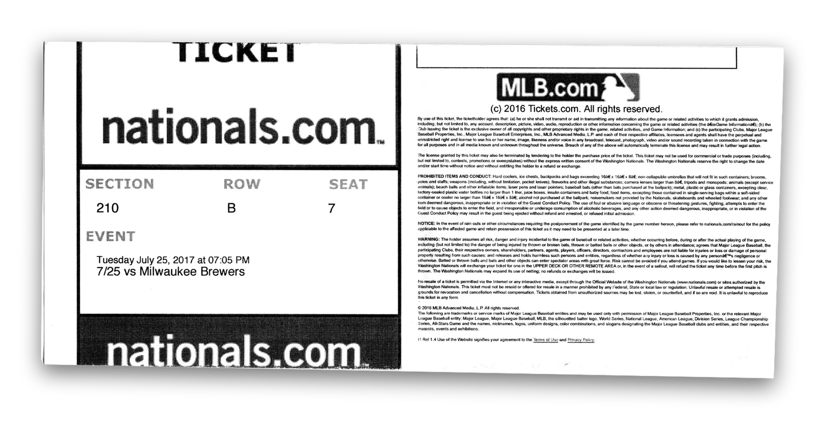 Washington Nationals print-at-home ticket, Section 210, Row B, Seat 7