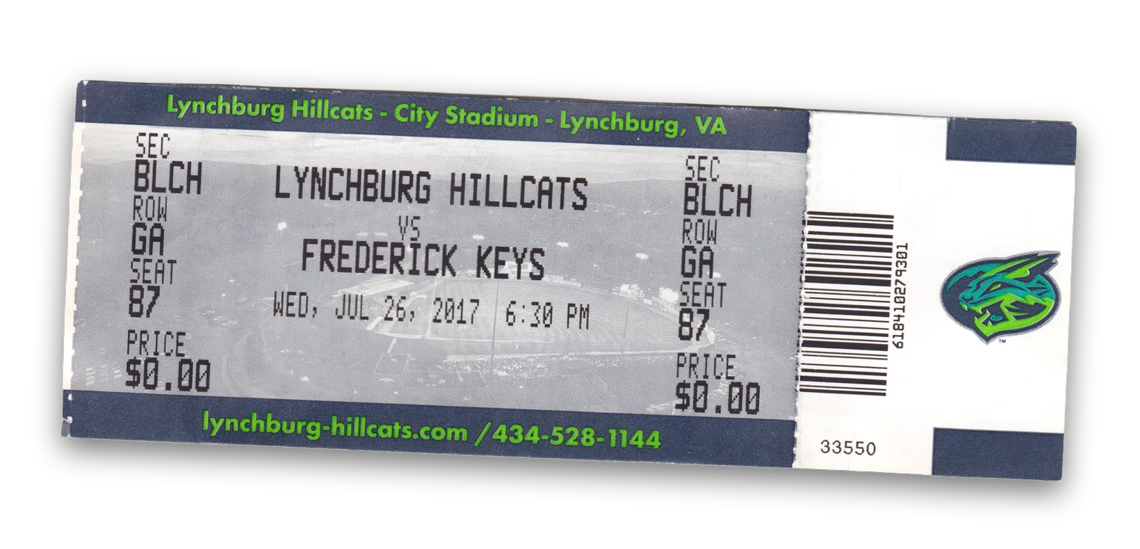 Lynchburg Hillcats ticket, bleachers general admission, price $0.00