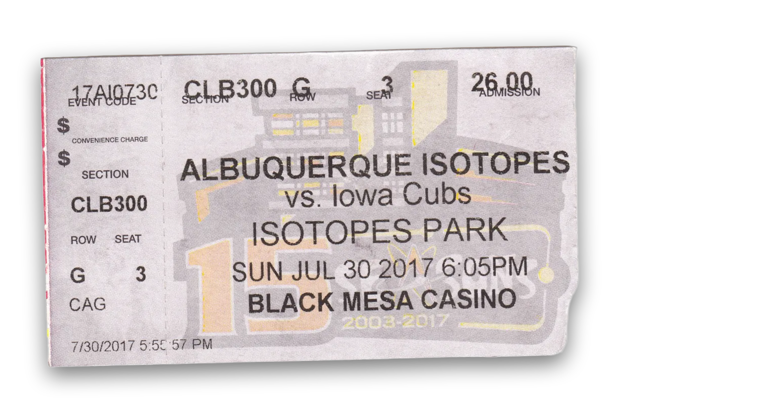 Albuquerque Isotopes ticket stub vs Iowa Cubs, well worn