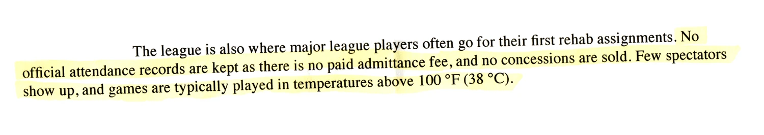 Photocopied page with highlighted text explaining the Arizona League keeps no attendance records because there is no paid admission