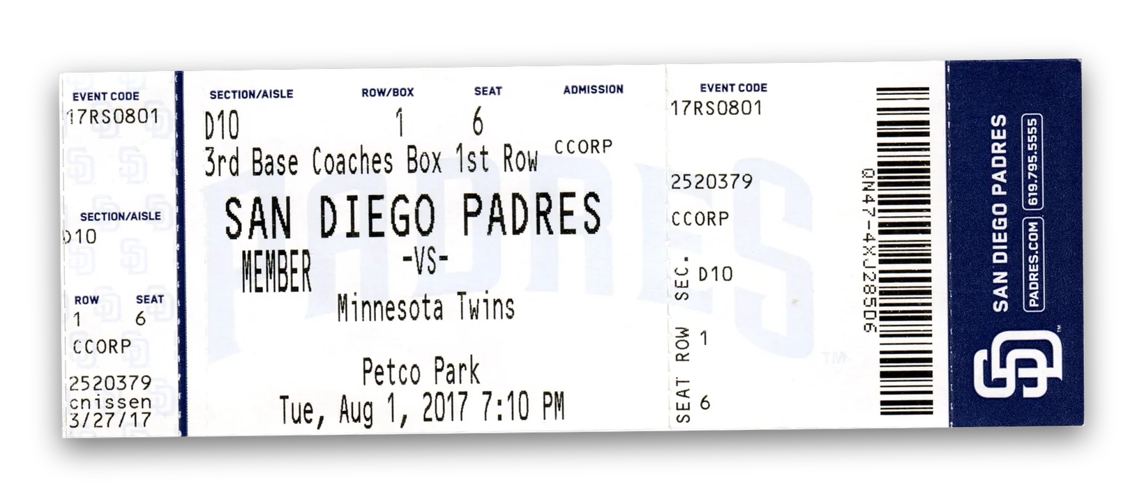 San Diego Padres ticket vs Minnesota Twins, 3rd Base Coaches Box, first row